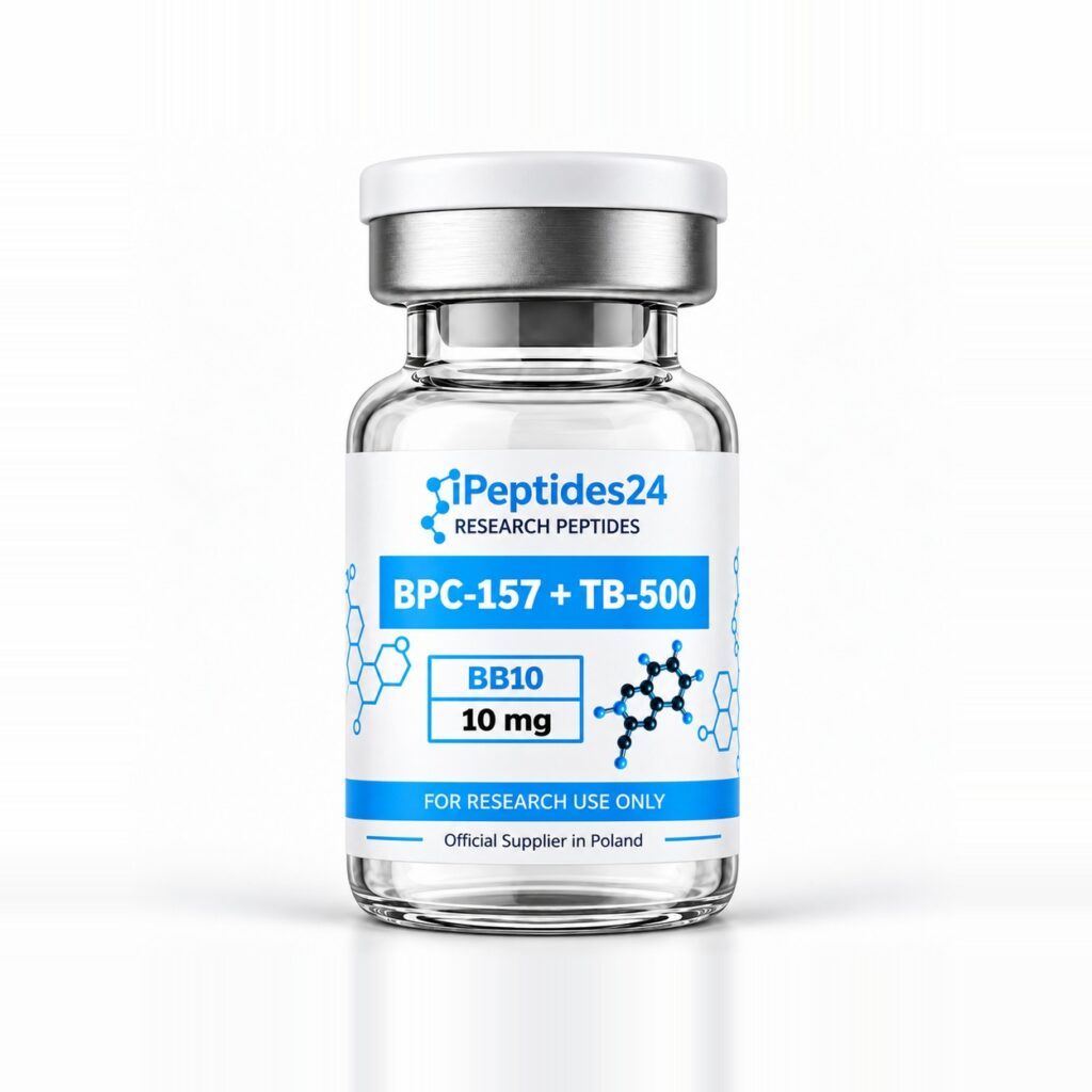 Fiolka iPeptides24 z etykietą „BPC-157 + TB-500 · 10 mg” (BB10) na białym tle.