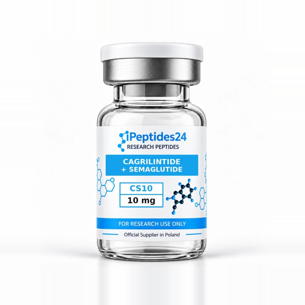 Fiolka iPeptides24 z etykietą „Cagrilintide + Semaglutide · 10 mg” (CS10) na białym tle.