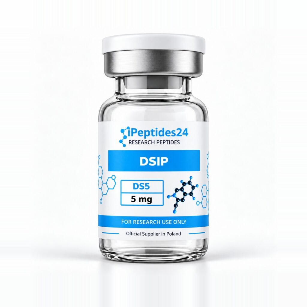 Fiolka iPeptides24 z etykietą „DSIP · 5 mg” (DS5) na białym tle.