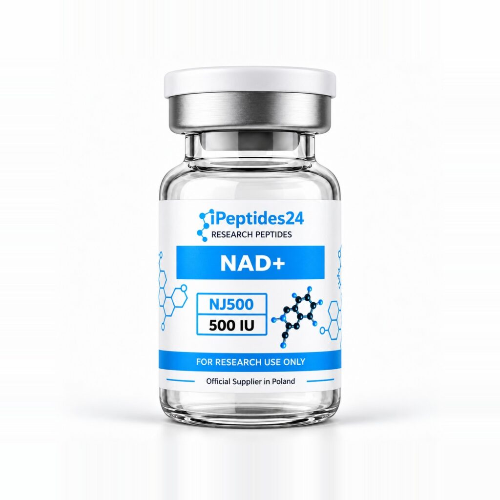 Fiolka iPeptides24 z etykietą „NAD+ · 500 IU” (NJ500) na białym tle.