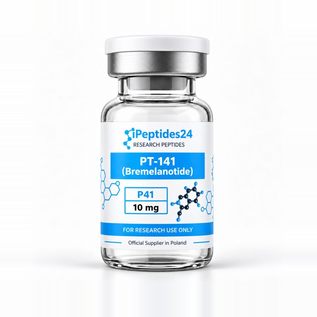 Fiolka iPeptides24 z etykietą „PT-141 (Bremelanotide) · 10 mg” (P41) na białym tle.