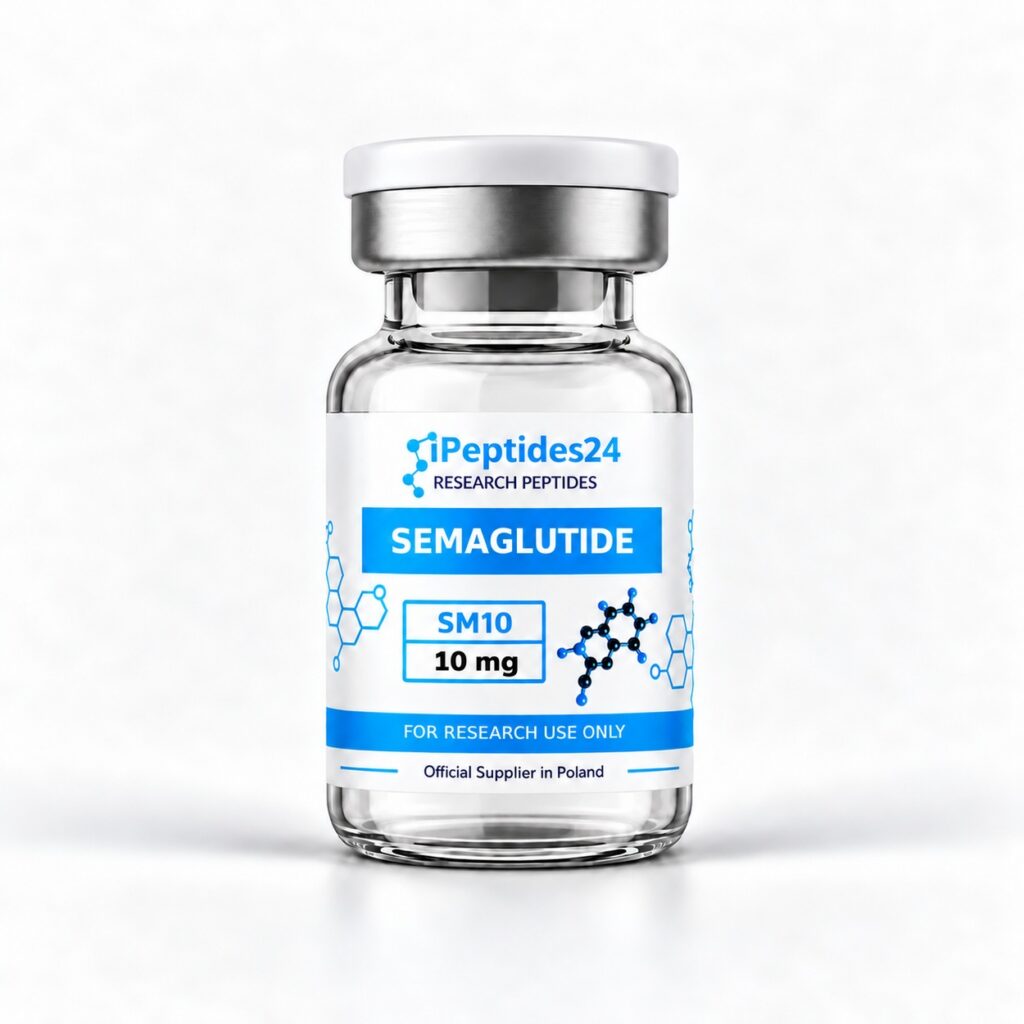 Fiolka iPeptides24 z etykietą „Semaglutide · 10 mg” (SM10) na białym tle.