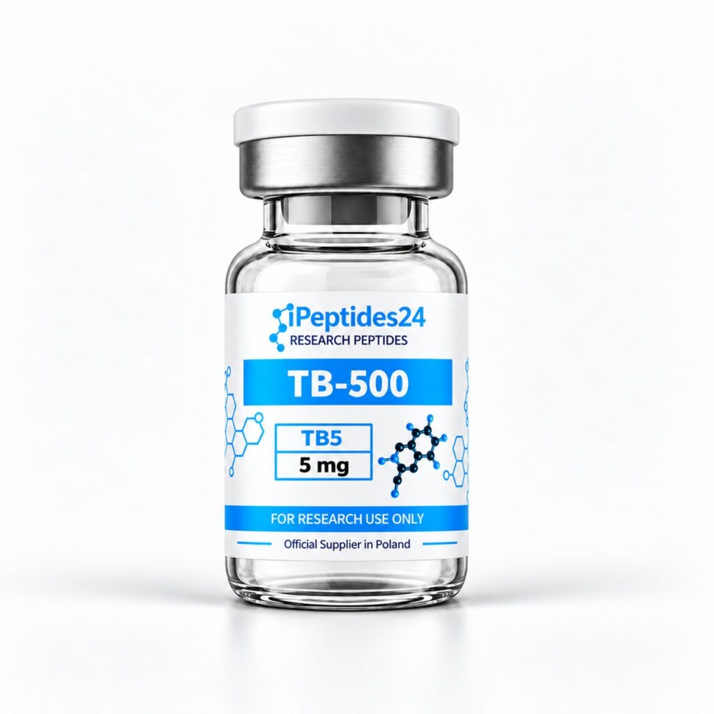 Fiolka iPeptides24 z etykietą „TB-500 · 5 mg” (TB5) na białym tle.